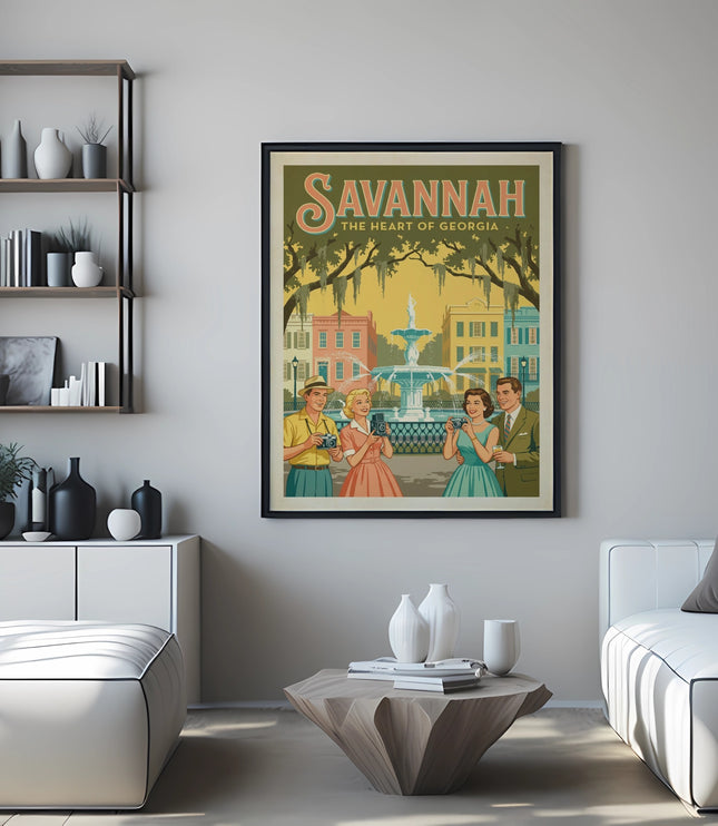 Artwork featuring "Savannah The Heart of Georgia" with people holding cameras.