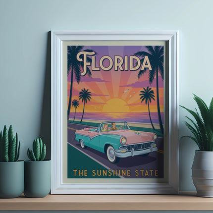 Vintage Florida travel poster with palm trees, a classic car, and ocean sunset.