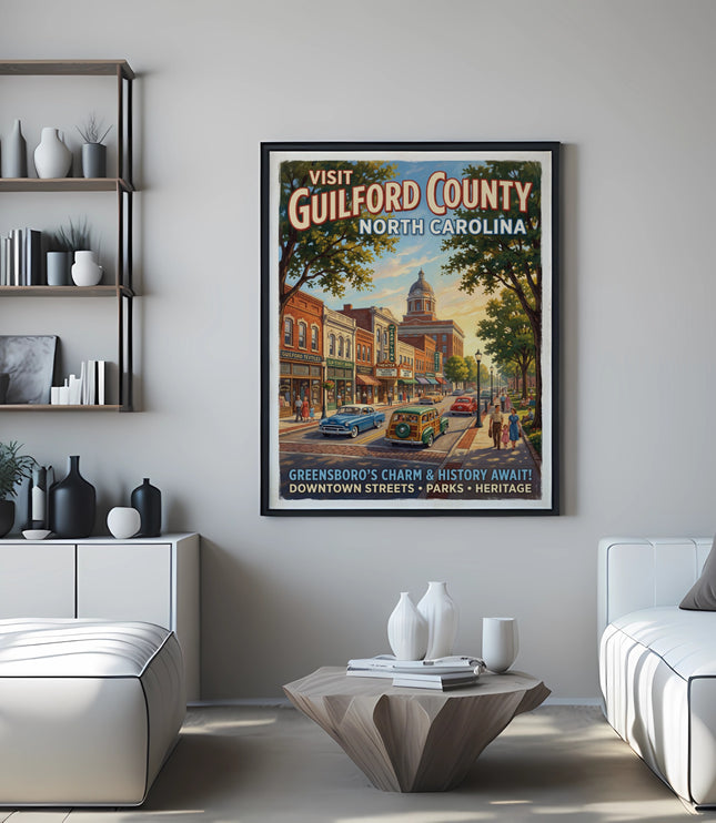 Framed poster of Guilford County, North Carolina with downtown street scene.