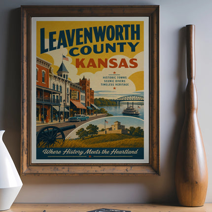 Leavenworth County, Kansas vintage poster with historic buildings, river scene, and text.