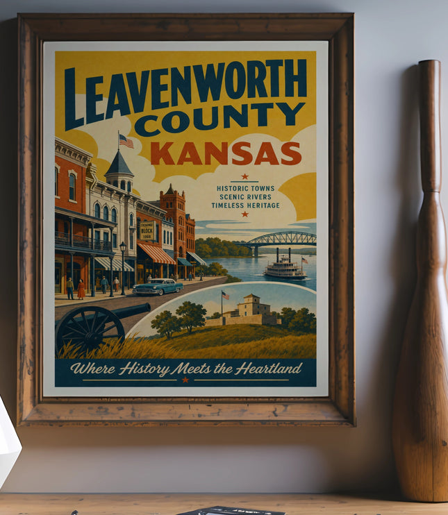 Leavenworth County, Kansas vintage poster with historic buildings, river scene, and text.