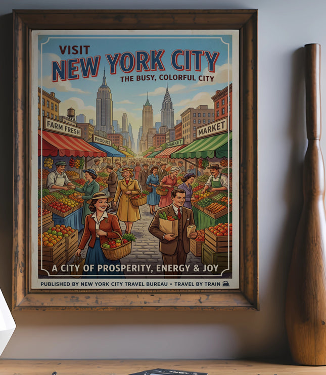 Vintage New York City travel poster depicting a busy market and skyline.
