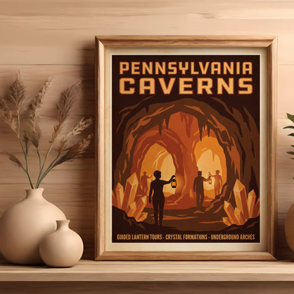Pennsylvania Caverns framed poster with crystals and cave explorers.