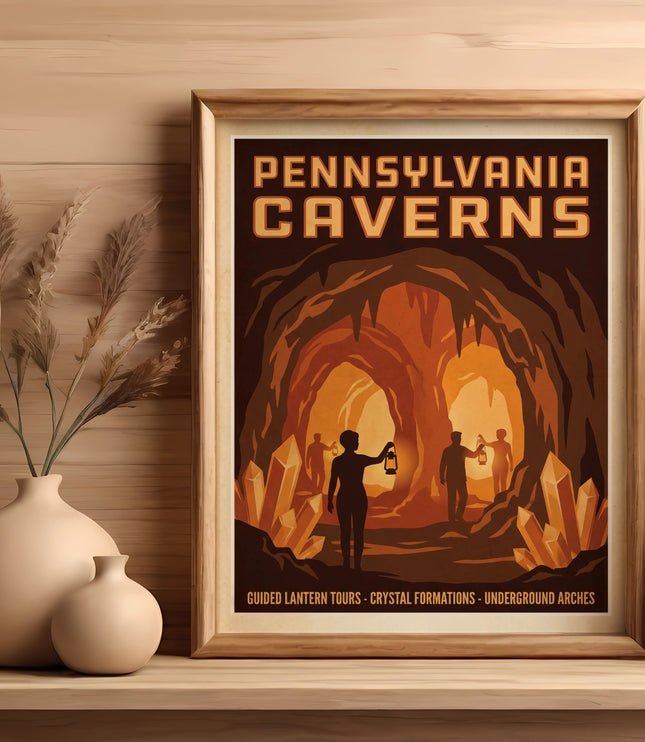 Pennsylvania Caverns framed poster with crystals and cave explorers.