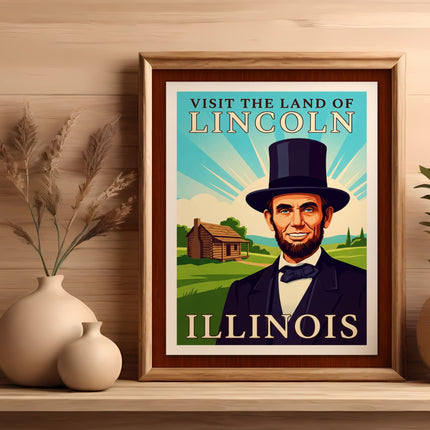 Vintage "Visit the Land of Lincoln Illinois" poster with Abraham Lincoln illustration.