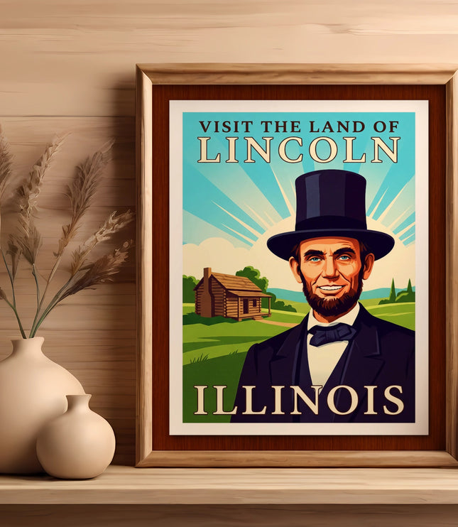 Vintage "Visit the Land of Lincoln Illinois" poster with Abraham Lincoln illustration.