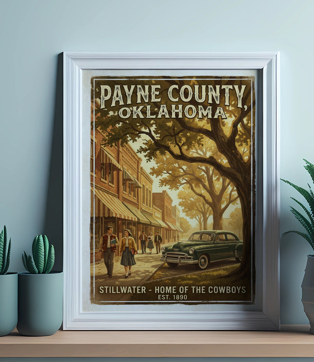 Payne County, Oklahoma poster featuring a vintage car on a tree-lined street.