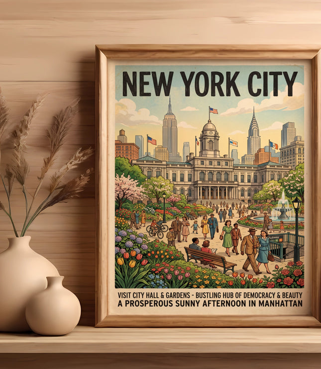 New York City City Hall Gardens vintage poster with text describing a sunny afternoon.