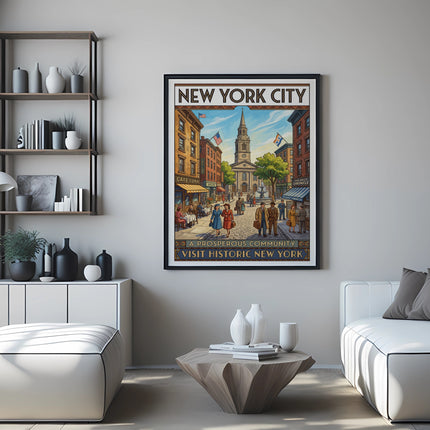 New York City vintage poster showing bustling street scene and historic buildings.