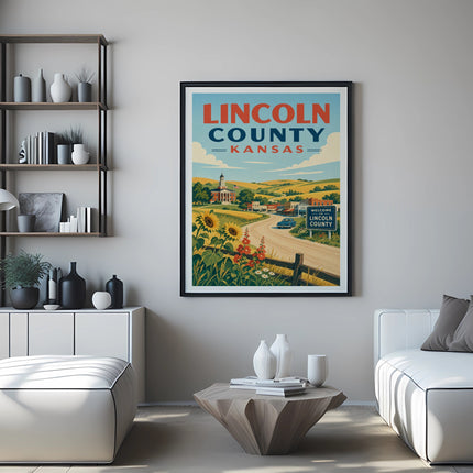 Framed poster of Lincoln County, Kansas, with a rural landscape and a welcome sign.