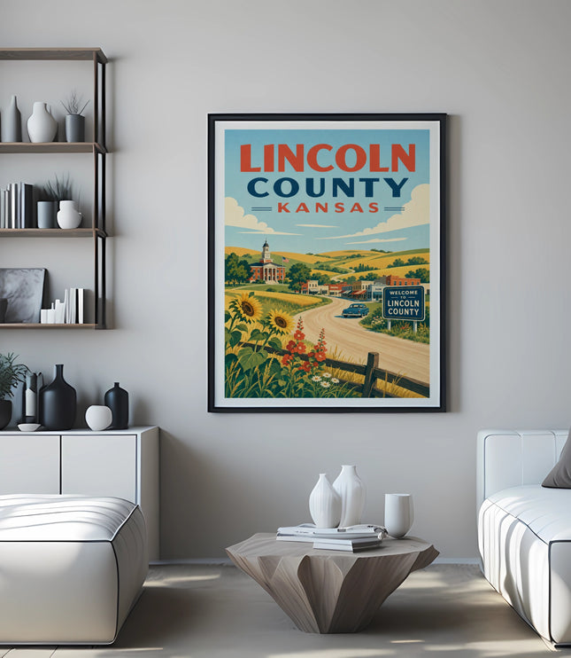 Framed poster of Lincoln County, Kansas, with a rural landscape and a welcome sign.