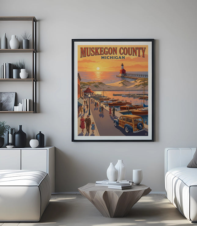 Framed poster of Muskegon County, Michigan, with a lighthouse and marina at sunset.