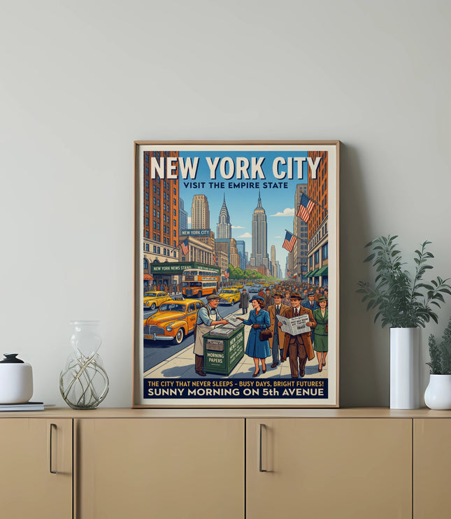 New York City poster features skyline, taxis, and people on a sunny 5th Avenue morning.