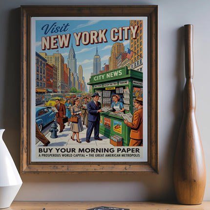 Vintage "Visit New York City" poster featuring a busy street scene with newsstand.