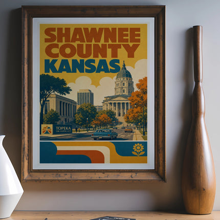 Vintage Shawnee County, Kansas travel poster with State Capitol building.
