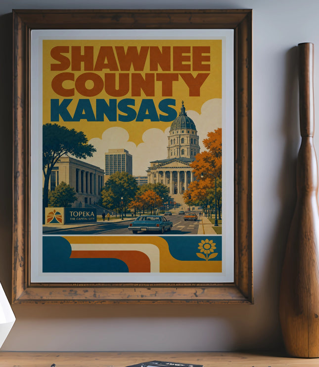 Vintage Shawnee County, Kansas travel poster with State Capitol building.