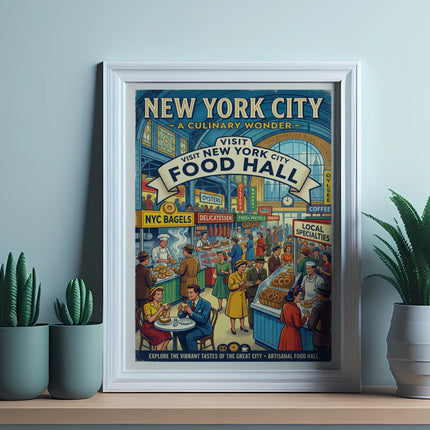 New York City Food Hall vintage poster with bustling scene and food vendors.