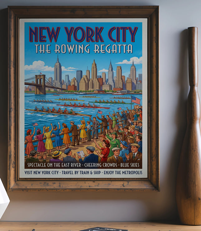 New York City Rowing Regatta vintage travel poster depicts the skyline and Brooklyn Bridge.