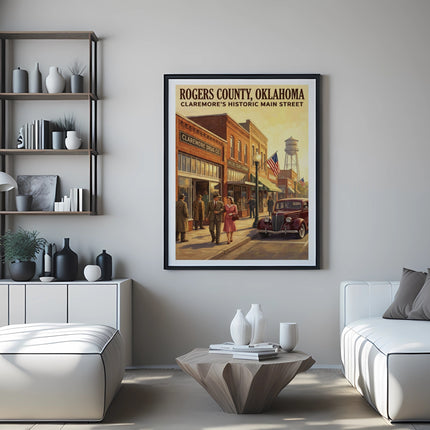 Vintage poster of Rogers County, Oklahoma, Claremore's historic main street.