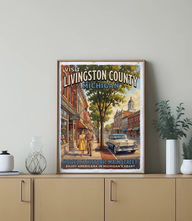 Vintage poster of Howell's Historic Main Street, Livingston County, Michigan.