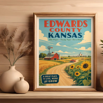 Edwards County Kansas travel poster with barn, windmill, and sunflowers.