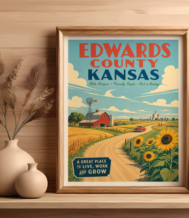 Edwards County Kansas travel poster with barn, windmill, and sunflowers.