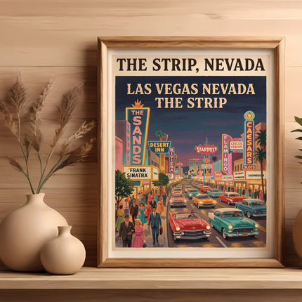 Vintage Las Vegas Strip poster with casinos, classic cars, and people.