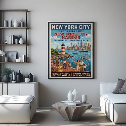 New York City Harbor vintage travel poster with iconic landmarks and text.