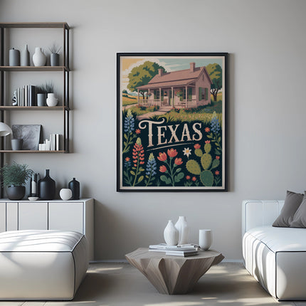 Texas-themed art print featuring a rustic house and desert flora.