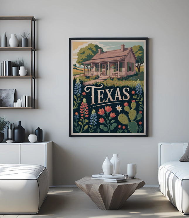 Texas-themed art print featuring a rustic house and desert flora.