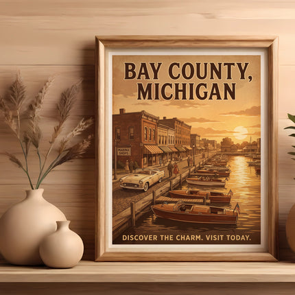 Bay County, Michigan vintage travel poster with boats and classic cars.