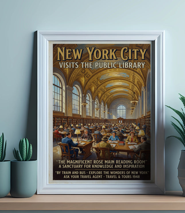 New York City visits the Public Library reading room, 1948 travel poster.