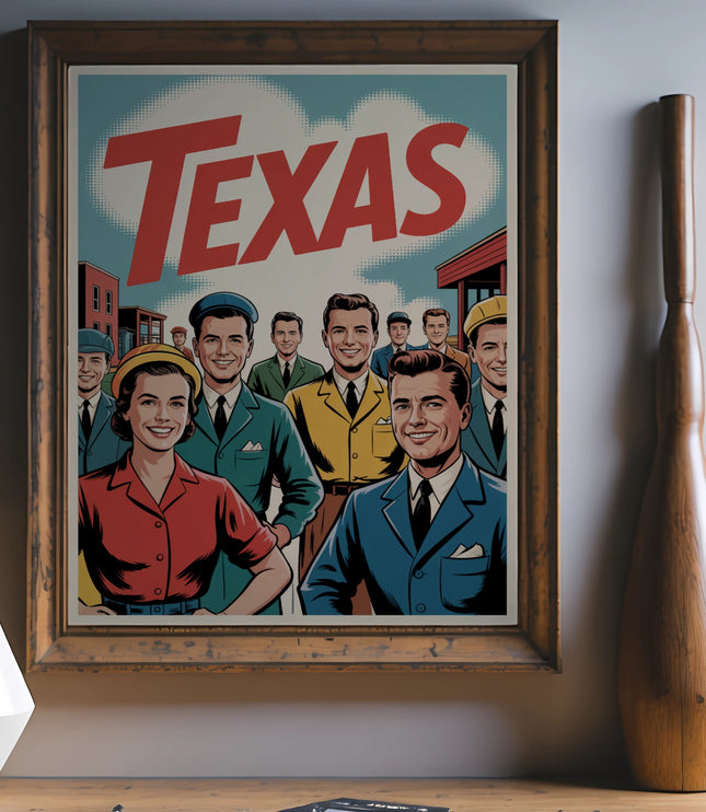 Retro-style framed print with "TEXAS" in large red letters over smiling people.