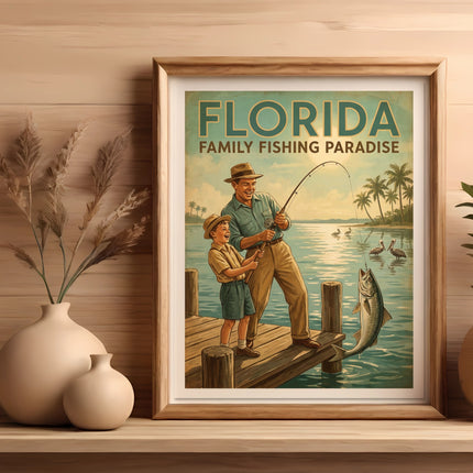 Framed art depicts father and son fishing with "FLORIDA FAMILY FISHING PARADISE" text.