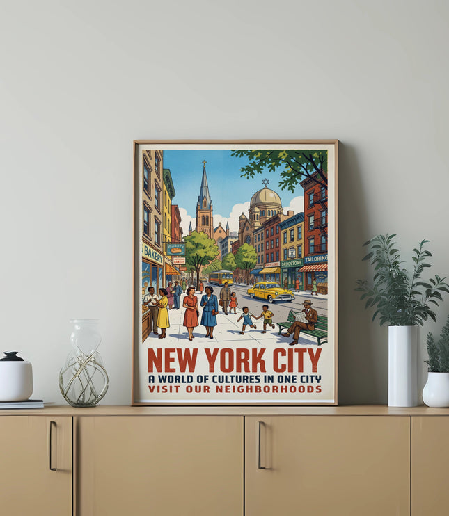 Vintage New York City travel poster showing a street scene and text.