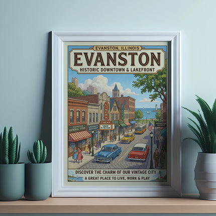 Poster of Evanston, Illinois historic downtown and lakefront with classic cars and trolley.
