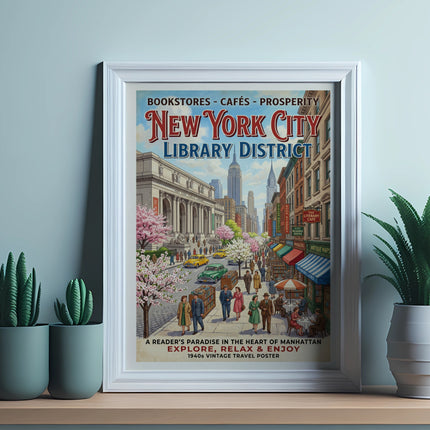 Vintage travel poster of New York City Library District, showing shops and people.