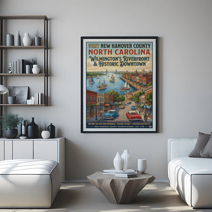 Vintage poster for New Hanover County, North Carolina, featuring Wilmington's riverfront and historic downtown.