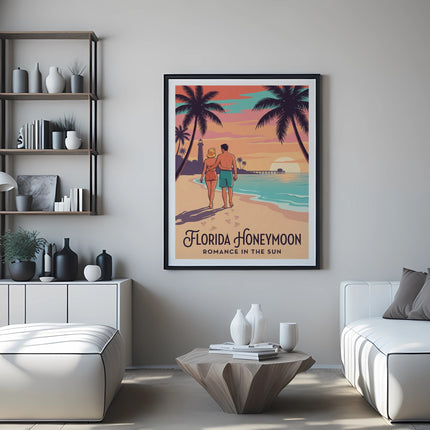Couple walking on a beach at sunset, "Florida Honeymoon" text.