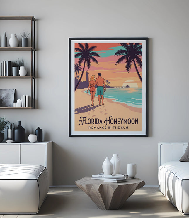 Couple walking on a beach at sunset, "Florida Honeymoon" text.