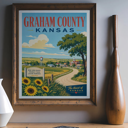 Graham County, Kansas travel poster with sunflowers and scenic landscape.