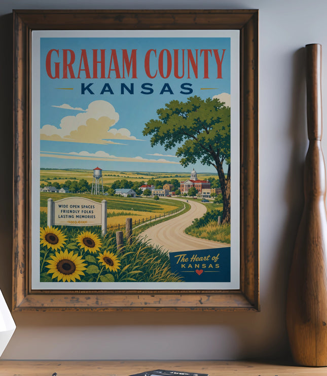 Graham County, Kansas travel poster with sunflowers and scenic landscape.