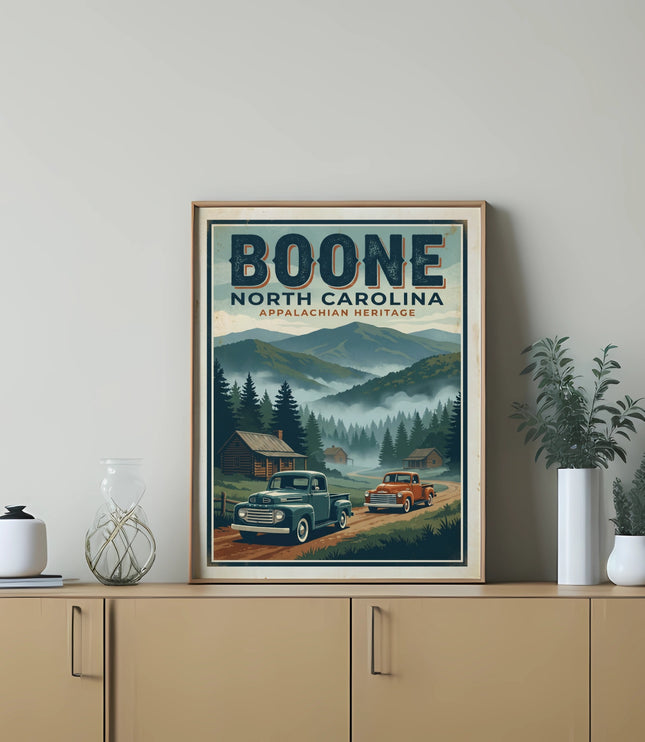 Vintage Boone North Carolina Appalachian Heritage poster with two trucks.