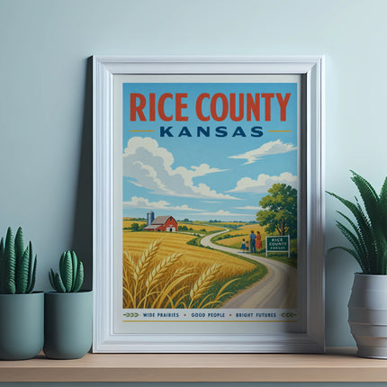 Vintage Rice County, Kansas travel poster with wheat fields and farms.