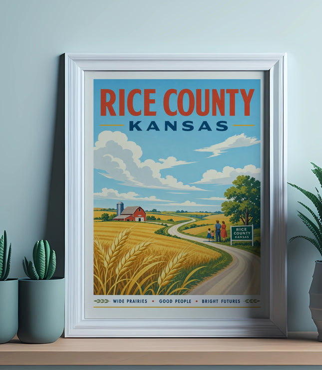 Vintage Rice County, Kansas travel poster with wheat fields and farms.