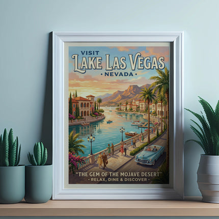 Vintage poster: Visit Lake Las Vegas, Nevada, with text "The Gem of the Mojave Desert".