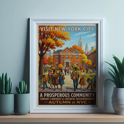 New York City autumn poster featuring people near a library.