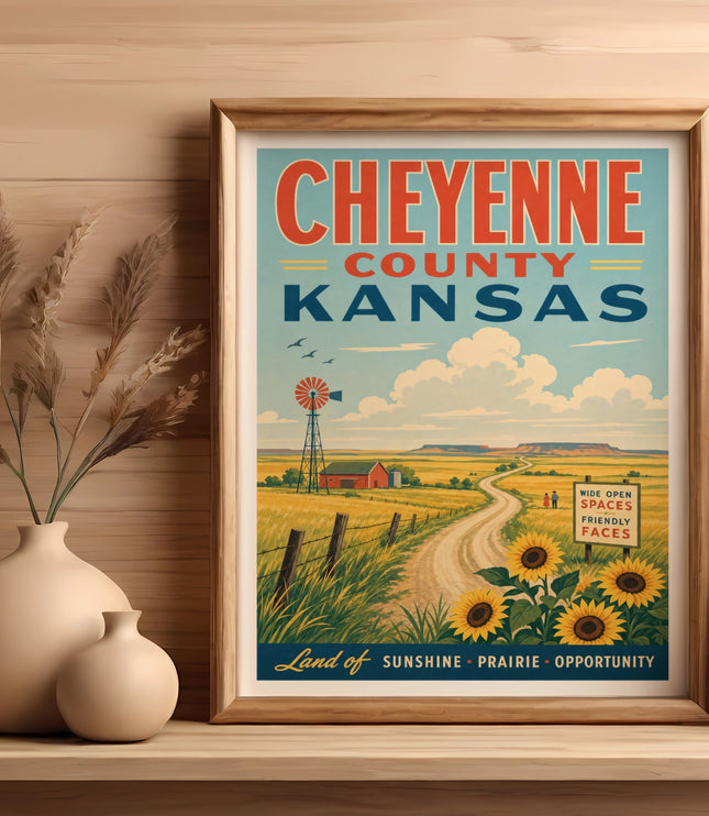 Cheyenne County, Kansas travel poster with sunflowers and a windmill.