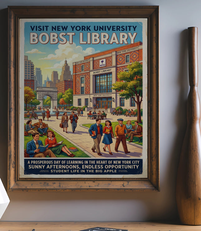 Retro poster of Bobst Library at New York University with students enjoying the campus.