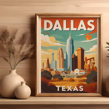 Framed vintage poster of Dallas, Texas skyline with oil derricks.